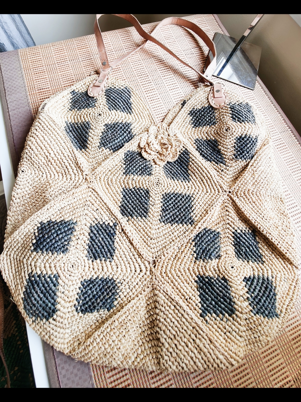 Handwoven raffia Straw Tote Bag with Gray Accent - Picture 6 of 13